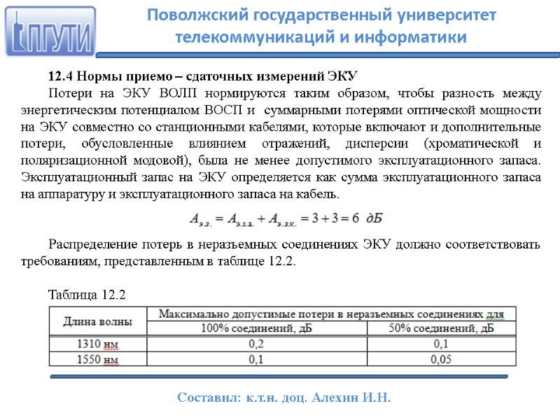 12.4 Нормы приемо – сдаточных измерений ЭКУ Потери на ЭКУ ВОЛП нормируются таким образом,